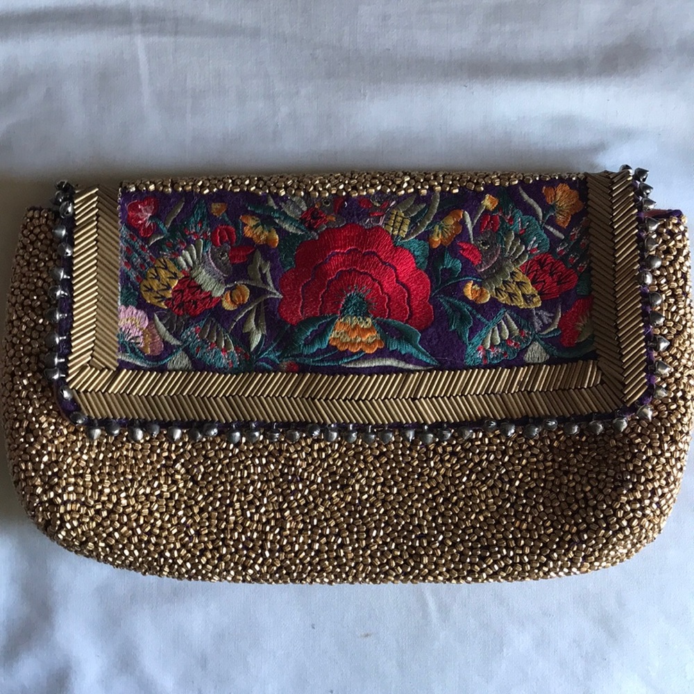 Anthropologie beaded gold clutch